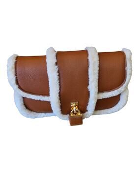 Aldo Brown Faux Leather Shearling Gold Chain Flap Padlock Mini Shoulder Bag